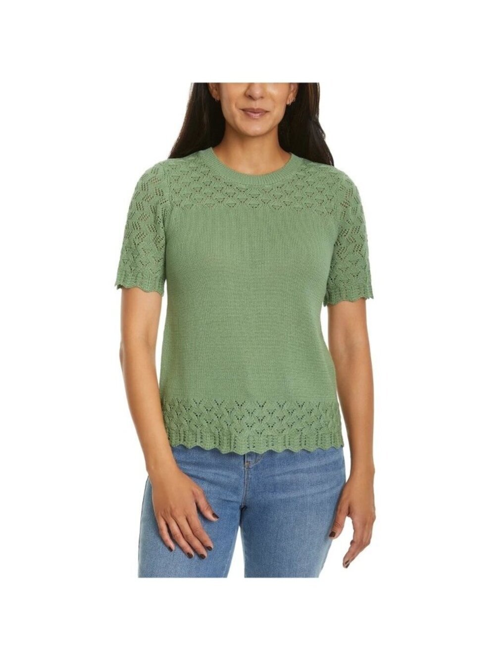 NWT Jessica Simpson Women's L Green Knit Top W/ Lace Trim Short Sleeves C0854